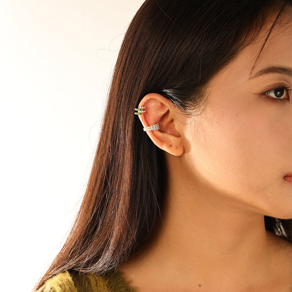 FE3149 Double Circle Green White CZ Ear Cuff