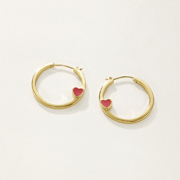 FE2712 925 Sterling Silver Red Enamel Heart Hoop Earring