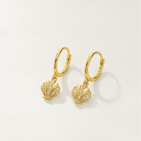 FE2726 925 Sterling Silver Cubic Zirconia Shell Dangle Hoop Earrings