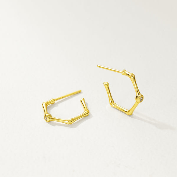 FE2881 925 Sterling Silver Bamboo Diamond Hoop Earrings