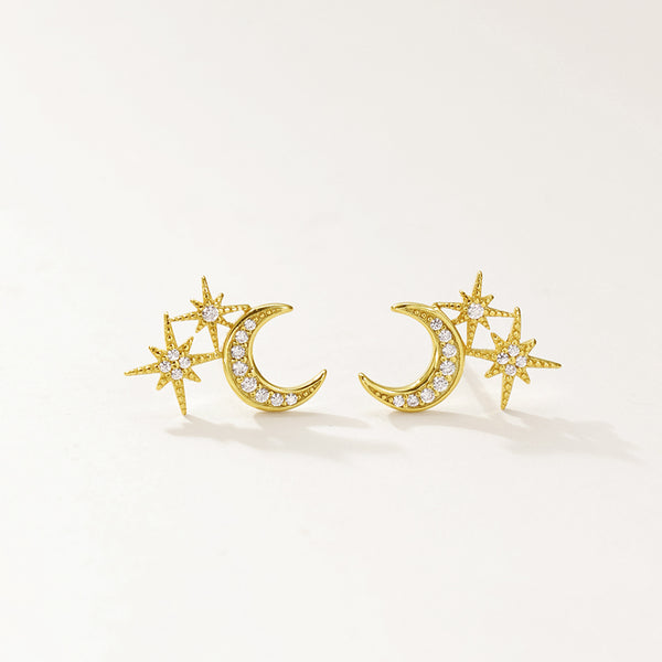 FE2962 925 Sterling Silver Star Crescent Stud Earrings