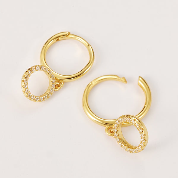 FE2208 925 Sterling Silver Circle Cubic Zirconia Dangle Hoop Earrings