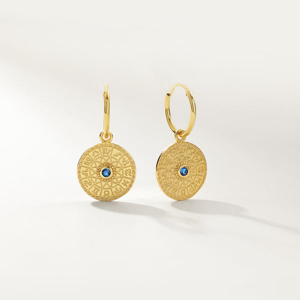 FE2791 925 Sterling Silver 12 Constellation Compass Dangle Hoop Earrings