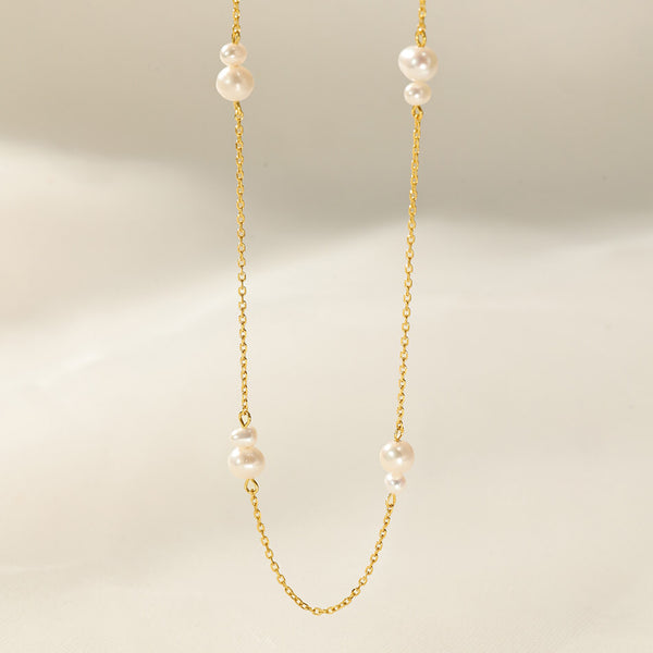 PN0246 925 Sterling Silver Double Freshwster Pearls Charm Beaded Necklace