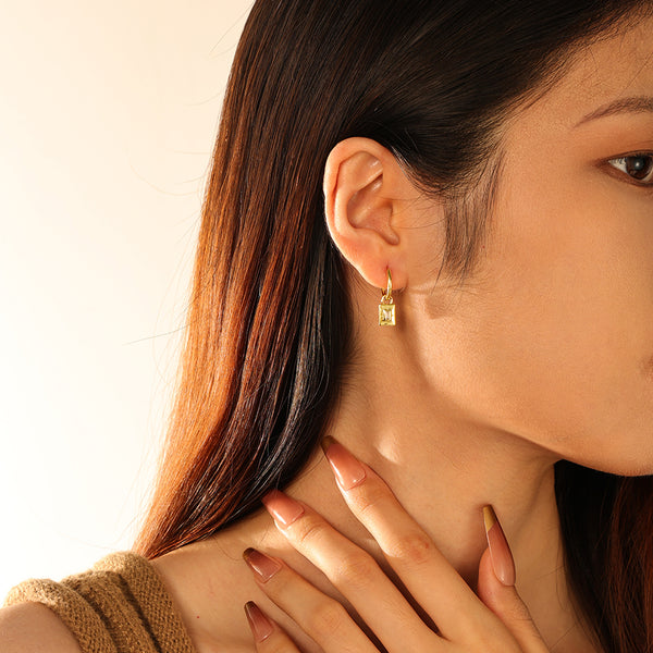 FE2778 925 Sterling Silver Geometric Square Plaque Dangle Hoop Earrings