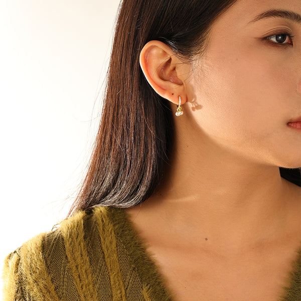 FE3124 CZ & Shell Pearl Dangle Hoop Earring