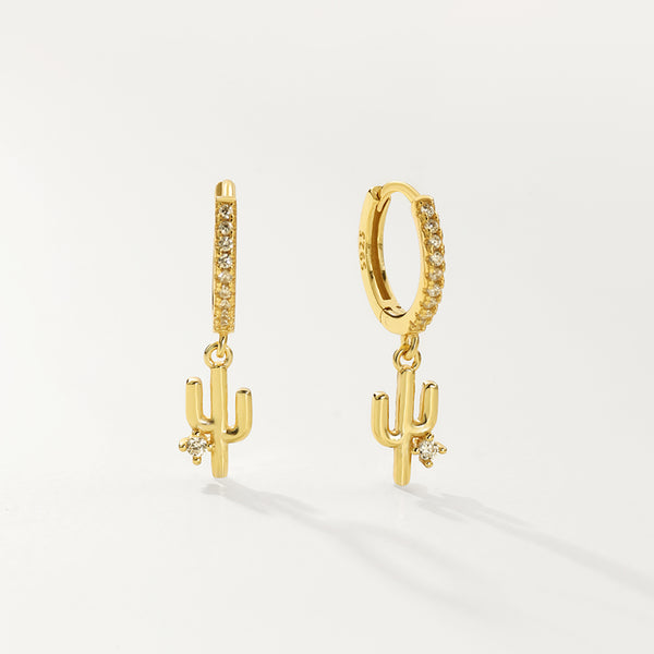 FE2815 925 Sterling Silver Cubic Zirconia Cactus Dangle Hoop Earrings