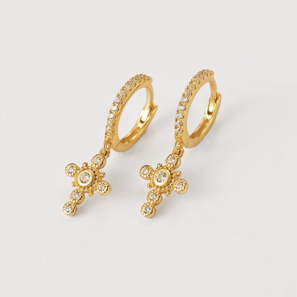 FE2135 925 Sterling Silver Cubic Zirconia Bezel Cross Dangle Earrings