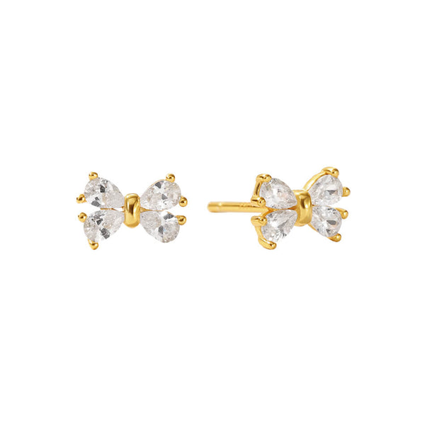 FE3497 Gold Bow Stud Earrings Pave Cubic Zirconia