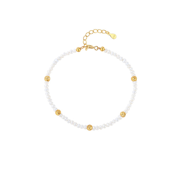 PB0100 925 Sterling Silver Freshwater Pearl Gold Beaded Bracelet