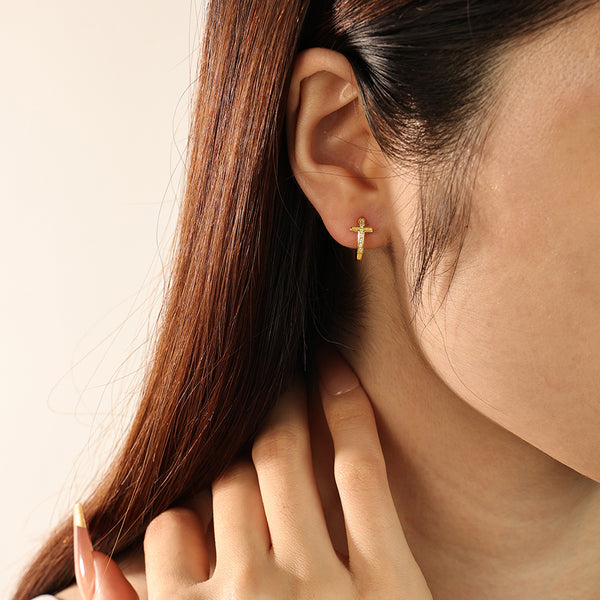 FE2216 925 Sterling Silver CZ Cross Band Hoop Earrings