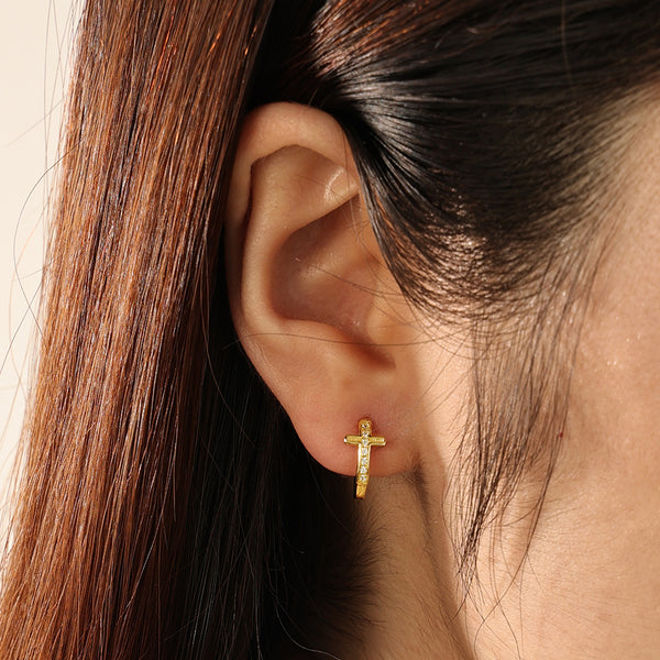 FE2216 925 Sterling Silver CZ Cross Band Hoop Earrings