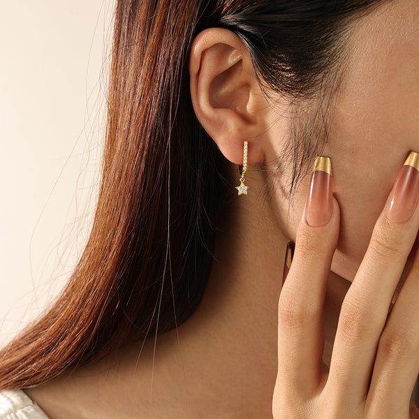 FE2239 925 Sterling Silver Shining Star Dangle U Shape Hoop Earrings