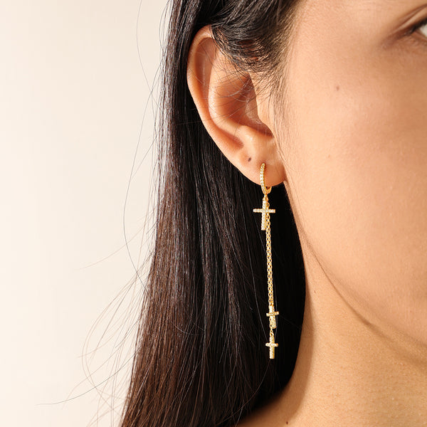 FE2211 925 Sterling Silver Trio Cross Dangle Chain Earrings