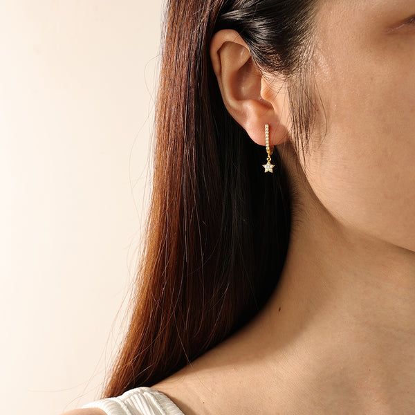 FE2239 925 Sterling Silver Shining Star Dangle U Shape Hoop Earrings