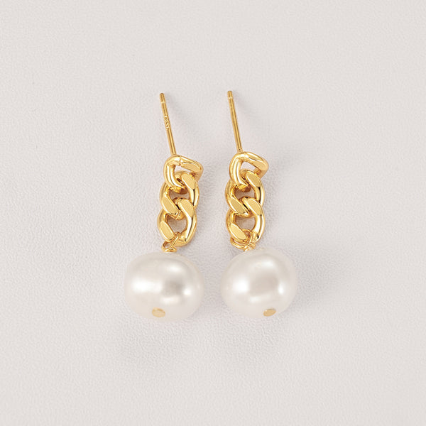 FE2255 925 Sterling Silver Chain Link Pearl Stud Earrings