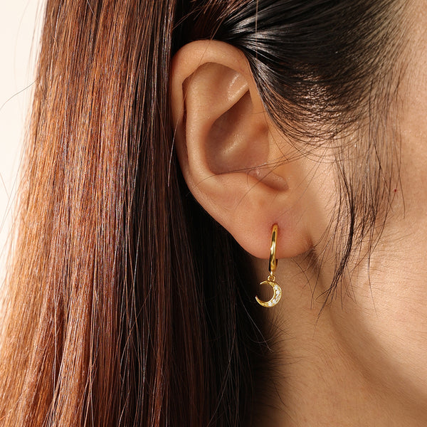 FE2192 925 Sterling Silver Pave Crescent Moon Dangle Earrings