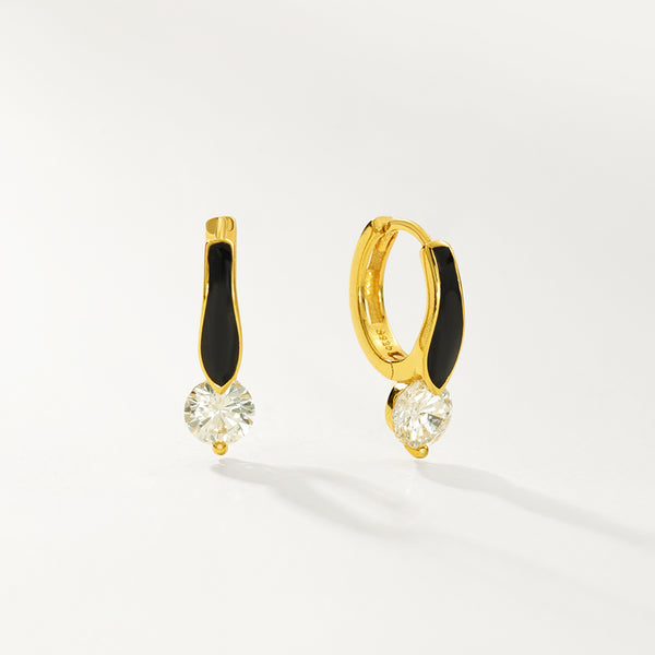 FE2773 925 Sterling Silver CZ Black Enamel Hoop Earrings