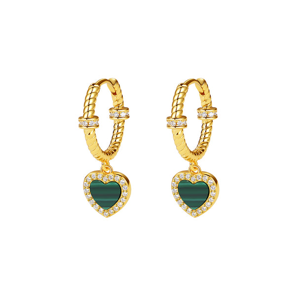 VFE0073 Malachite & CZ Heart Drop Hoop Earrings