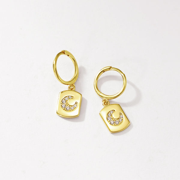 FE2955 925 Sterling Silver Square Plate CZ Moon Dangle Earring