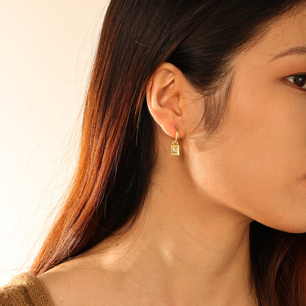 FE2778 925 Sterling Silver Geometric Square Plaque Dangle Hoop Earrings