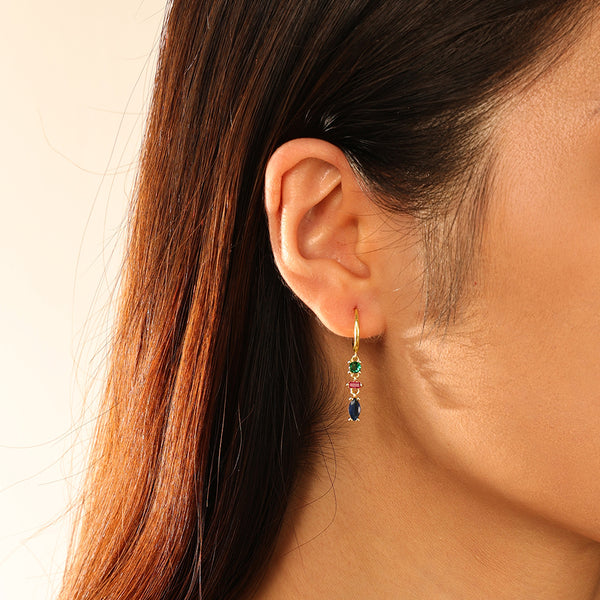 FE2748 925 Sterling Silver Tassel Colorful Zirconia Dangle Hoop Earrings