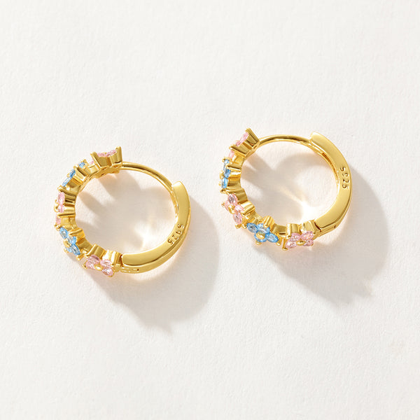 VFE0149 Pink Blue CZ Quartet Flower Huggie Hoop Earring
