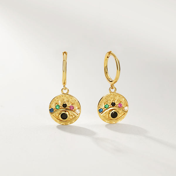 FE2912 925 Sterling Silver Colorful CZ Eye Coin Dangle Earring