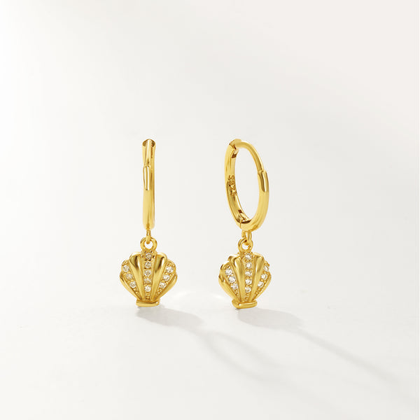 FE2726 925 Sterling Silver Cubic Zirconia Shell Dangle Hoop Earrings