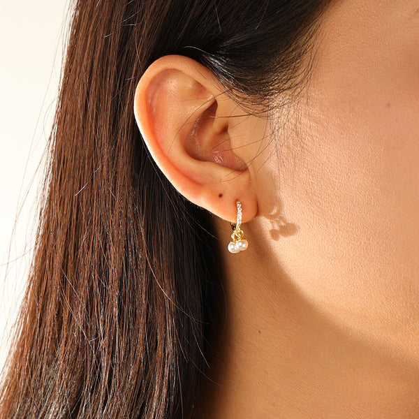 FE3124 CZ & Shell Pearl Dangle Hoop Earring