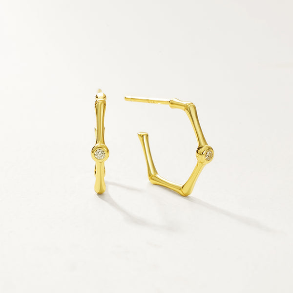 FE2881 925 Sterling Silver Bamboo Diamond Hoop Earrings