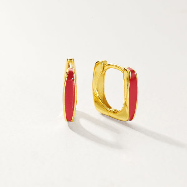 FE2889 925 Sterling Silver Red Enamel Square Hoop Earrings