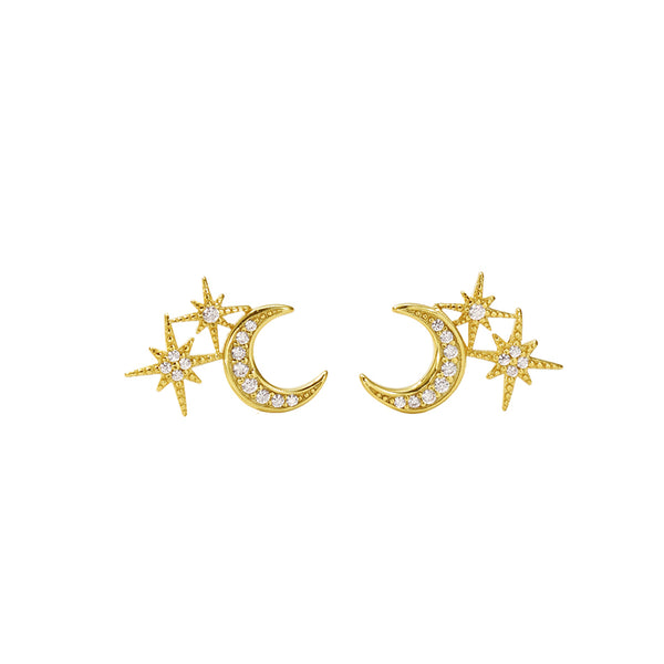 FE2962 925 Sterling Silver Star Crescent Stud Earrings