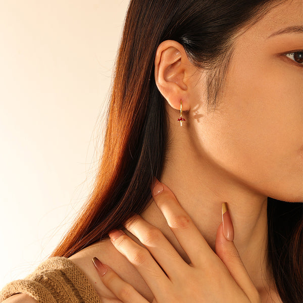 FE2755 925 Sterling Silver Enamel Mushroom Dangle Hoop Earrings