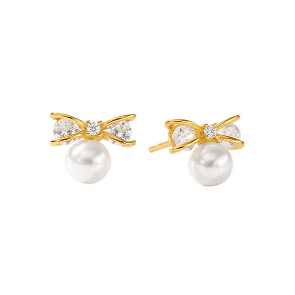 FE3502 Shell Pearl Pave CZ Bow Mini Stud Earring