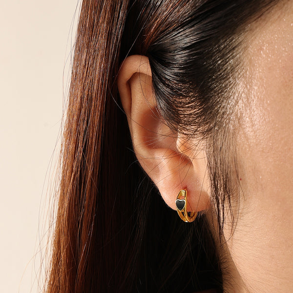 FE2193 925 Sterling Silver Black Enamel Heart Hoop Earrings