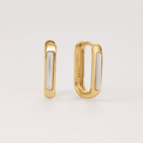 FE2250 925 Sterling Silver Oval Mother of Pearl Hoop Earrings