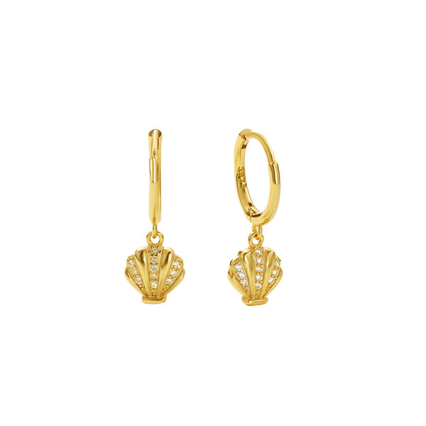 FE2726 925 Sterling Silver Cubic Zirconia Shell Dangle Hoop Earrings