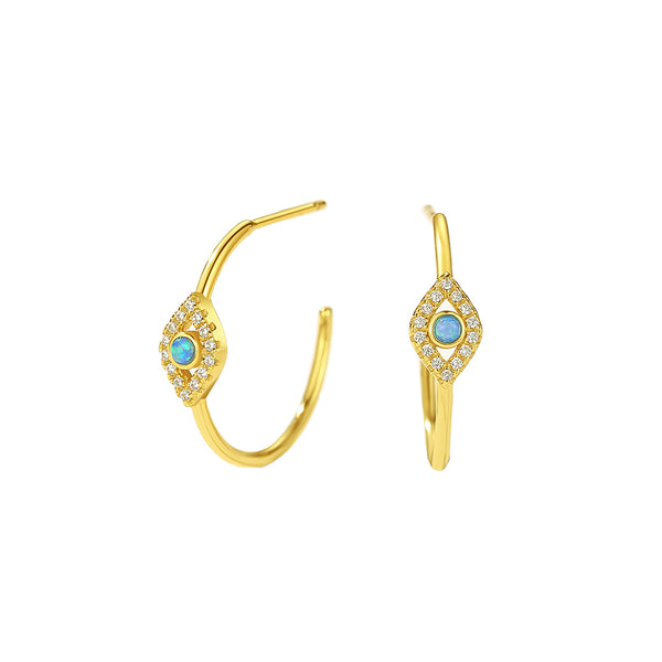 FE2902 925 Sterling Silver Blue Opal Evil Eye Hoop Earring