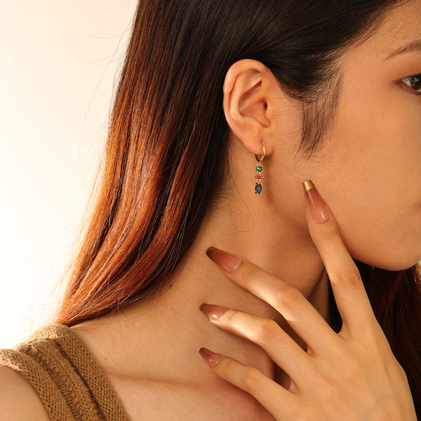 FE2748 925 Sterling Silver Tassel Colorful Zirconia Dangle Hoop Earrings