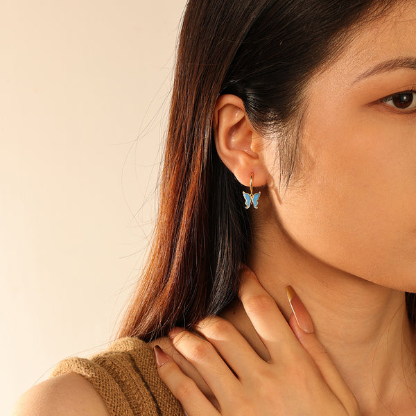 FE2837 925 Sterling Silver Butterfly Enamel Hoop Eaarings