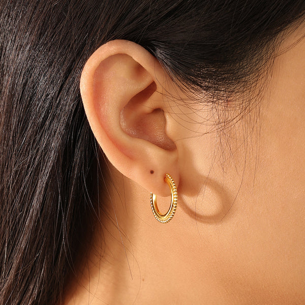 FE2092 925 Sterling Silver Beaded C Shpe Open Hoop Earings