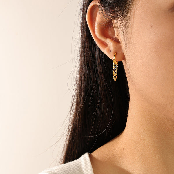 FE2177 925 Sterling Silver Double Bezels Chain Dangle Hoop Earrings