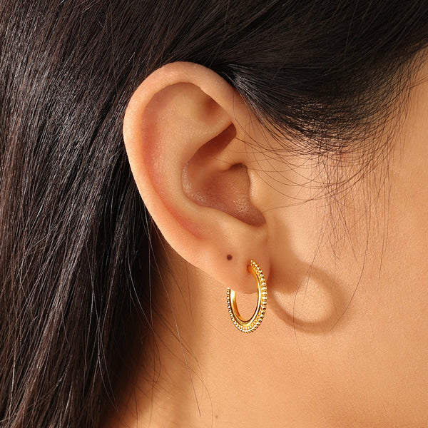 FE2092 925 Sterling Silver Beaded C Shpe Open Hoop Earings