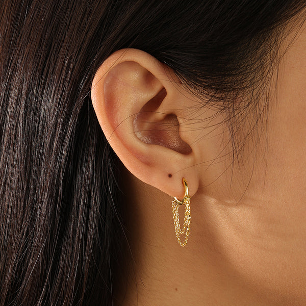 FE2177 925 Sterling Silver Double Bezels Chain Dangle Hoop Earrings