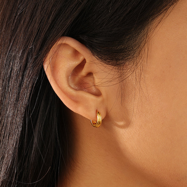 FE2080 925 Sterling Silver Women Gold Plated Triple Bold Hoop Earrings