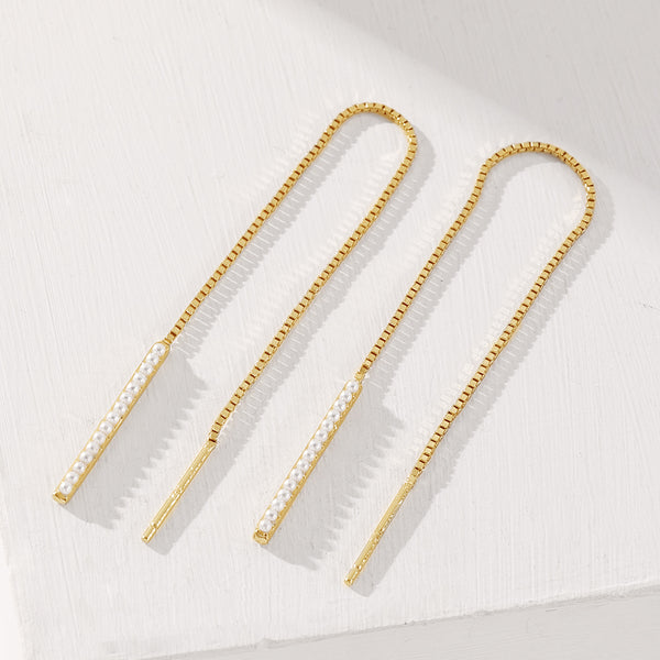 FE2041 925 Sterling Silver Vertical Bar Shell Pearl Long Chain Stud Earrings