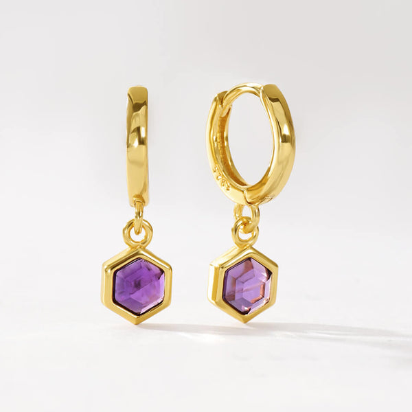 VFE0241 Birthstone Hexagon Drop Huggie Hoop Earring