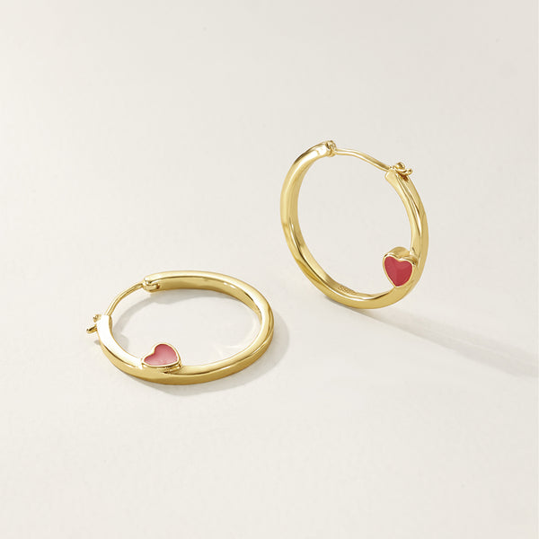 FE2712 925 Sterling Silver Red Enamel Heart Hoop Earring