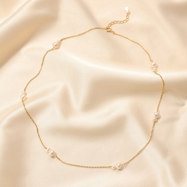 PN0244 925 Sterling Silver Minimalist Freshwater Pearl Bead Charm Chain Necklaces